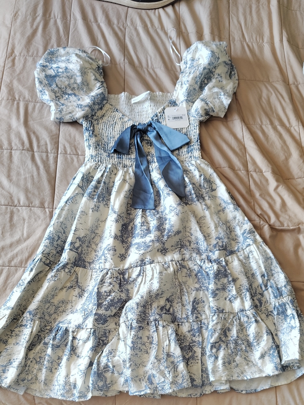 Altar'd State Blue and White Toile Puff-Sleeve Bow Dress